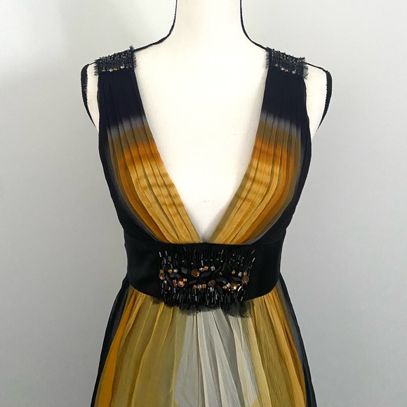 BCBGMaxazria Silk Formal V Neck Dress - Goldenrod - Picture 2 of 4